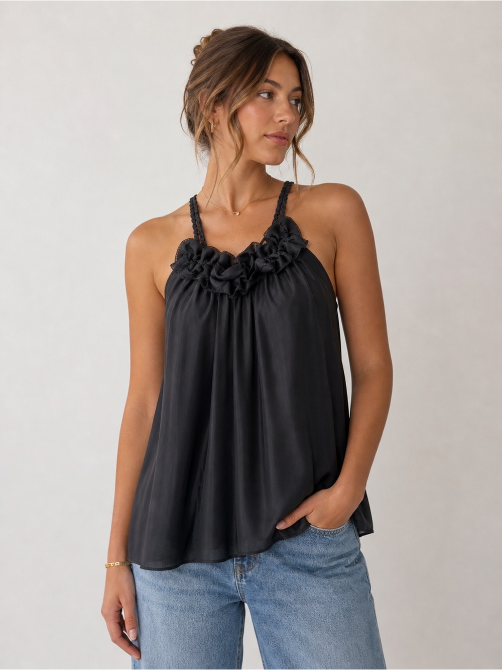 Violet & Claire Gray Ruffled Tank Top